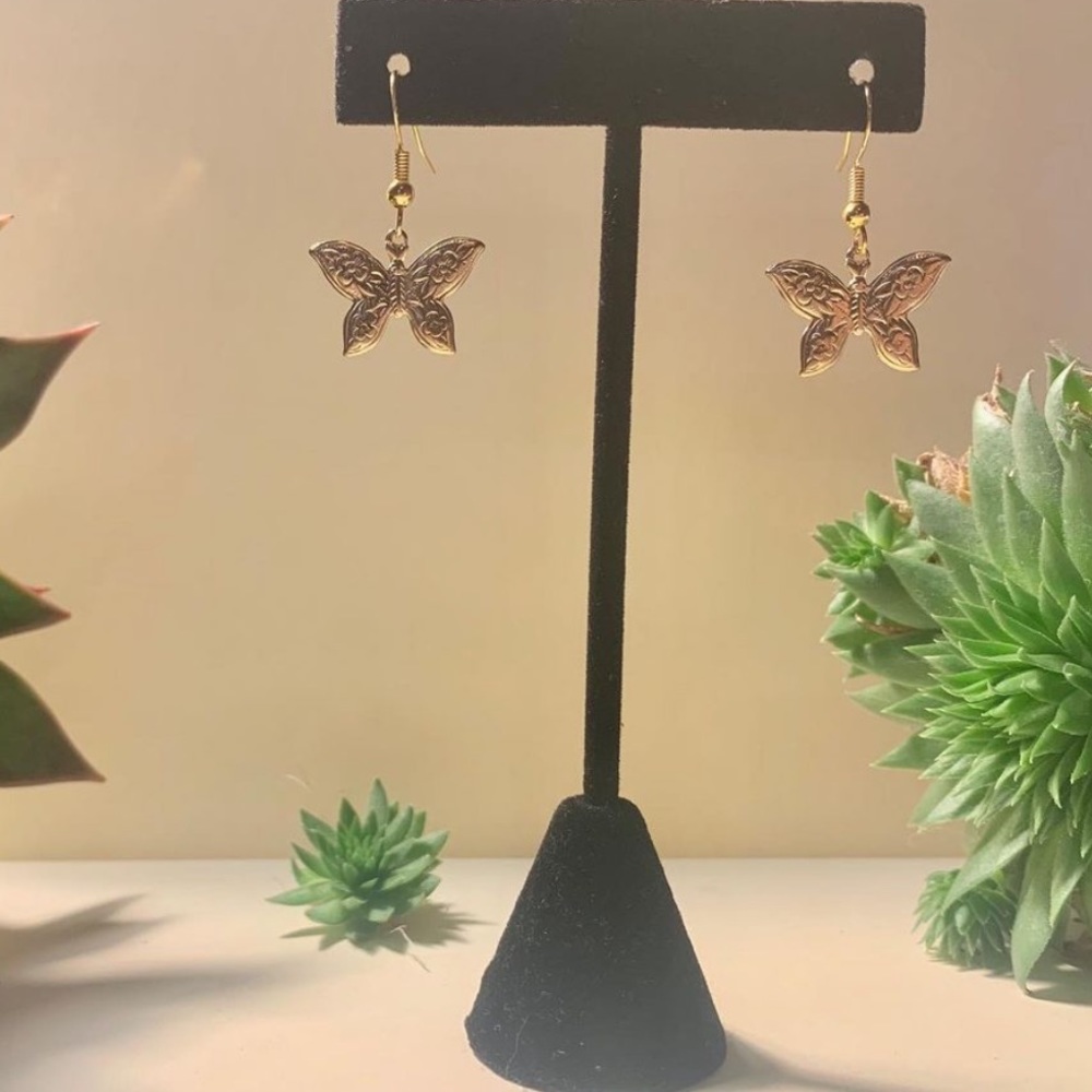handmade gold dangly butterfly earrings